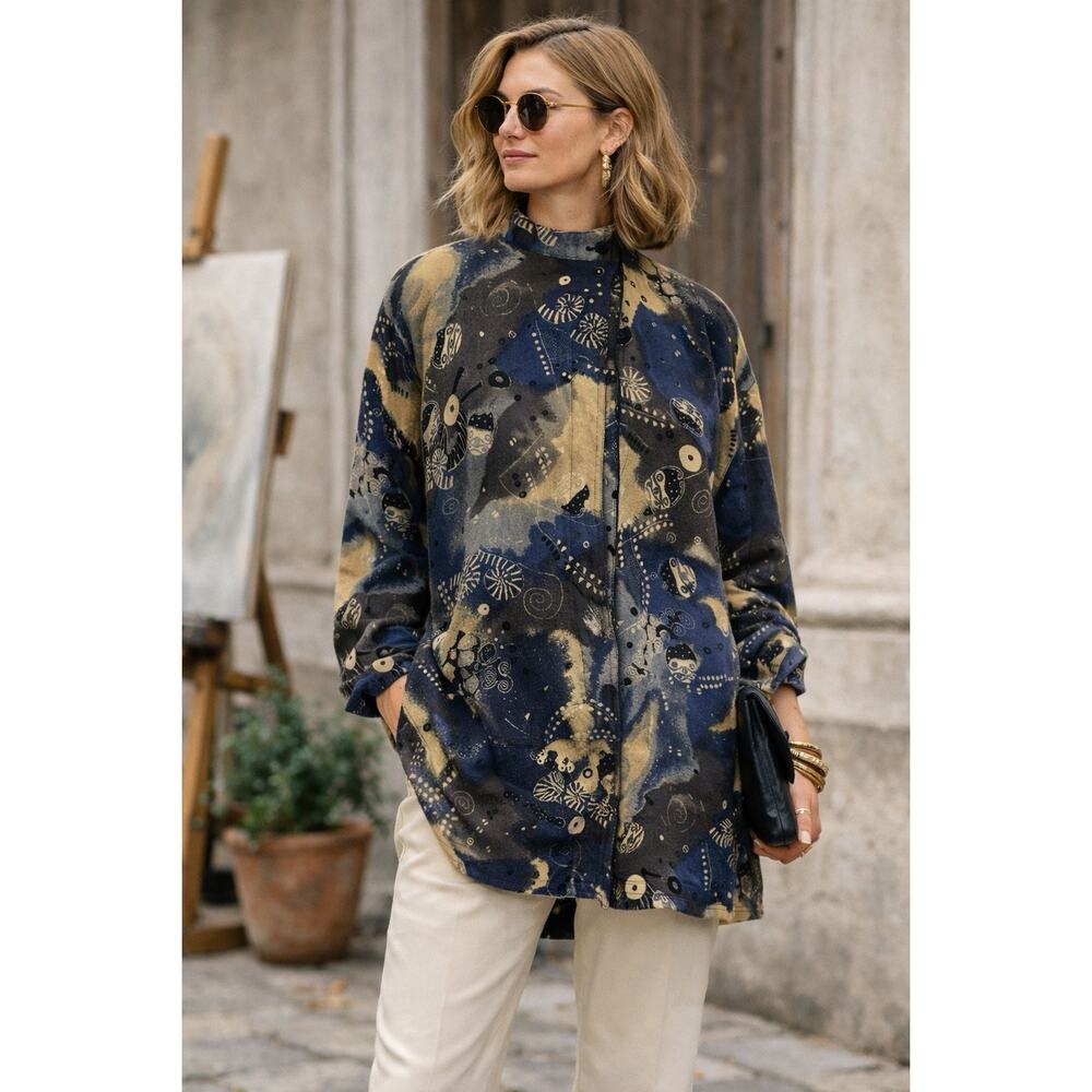 VTG 90s Laurèl Escada Italian Wool Graphic Tunic Jacket — 36 Lagenlook Eccentric